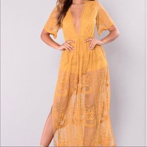 Honey Punch Mustard Lace maxi romper